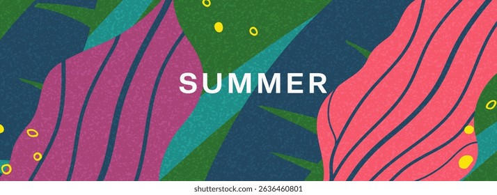 Abstract  summer tropical background with exotic leaves. Bright template banner with nature pattern. Vector illustration.
