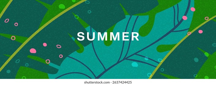 Abstract  summer tropical background with exotic leaves. Bright template banner with nature pattern. Vector illustration.
