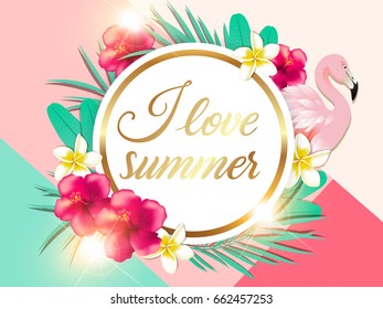 Abstract summer tropical background with green palm leaves, red flowers and pink flamingo. I love summer lettering.