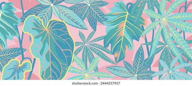 Abstractas fondo tropical de verano. Arte de Naturaleza con plantas exóticas de la selva. Patrón floral de Vector brillante para la venta de verano Anuncios, arte de la pared, estampados y telas