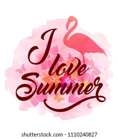 Abstract summer tropical background with pink flamingo, flowers, and watercolor texture. Vector illustration