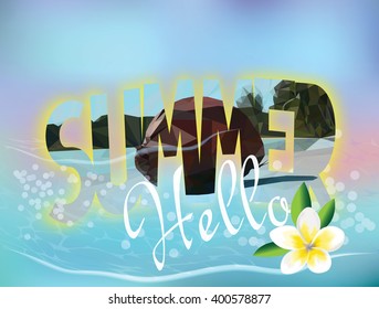 Abstract summer tropical background with polygonal style lettering and waves