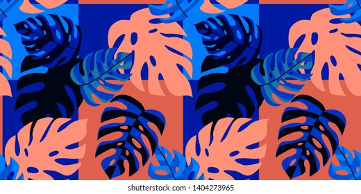 Abstract summer tropical pattern with 
exotic leaves. Vector seamless texture. Trendy Illustration.