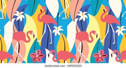 Abstract summer tropical pattern with flamingos and tropical leaves. Vector seamless texture. Trendy Illustration.