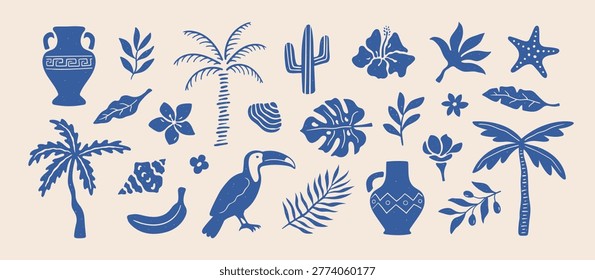 Abstract summer tropical set with palm trees, leaves, shells, flowers, jugs and Toucan bird