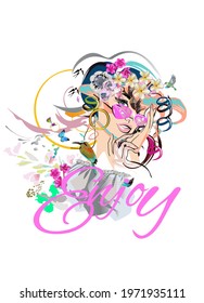 Abstract summer tropical woman with birds, flowers and sunglasses. Hand drawn vector illustration.