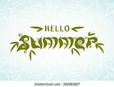 Abstract summer typographic background, nature organic style letters from plants and leaves. Colorful greeting card. Creative flat design.