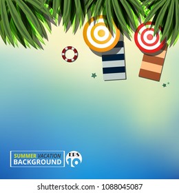 Abstract of summer vacation background with leaves nature and set of umbrellar on sunny day. Illustration vector eps10 