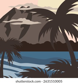 Resumo das férias de verão. Pôr do sol no mar. Palmeiras na ilha. Férias tropicais. EPS 10.