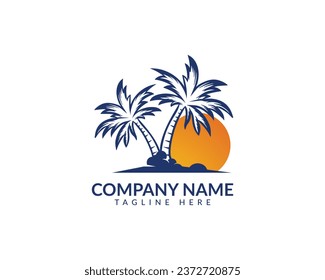 Abstract summer vacation badge and emblem vector illustration. Palm tree, sun and summer beach beautiful logo design. 