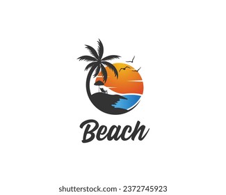 Abstract summer vacation badge and emblem vector illustration. Palm tree, sun and summer beach beautiful logo design. 