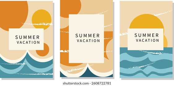 Abstract Summer Vacation Poster Template Set - Minimalist Sun AND Sea Vector 