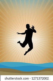 Abstract Summer Vector Background with Jumping Silhouette Man at Beach