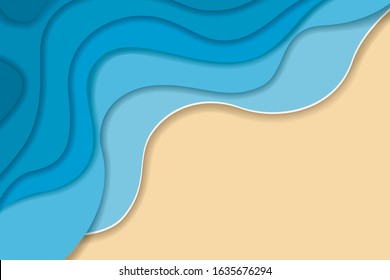 Abstract summer vector background with wavy paper cut blue water and yellow beach. Cute horizontal cutout wallpaper with place for text for tropical travel advertisement, travel banner design