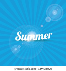 abstract summer vector blue rays background with word "summer". summer grunge shiny illustration.