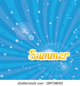 abstract summer vector blue rays background with word "summer". summer grunge shiny illustration.