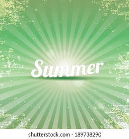 abstract summer vector green rays background with word "summer". summer grunge shiny illustration.