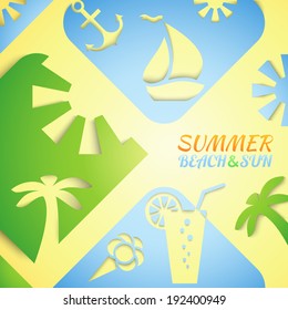 Abstract summer vector illustration. Bright beach and sun concept design. Yellow, blue and green colors. Hot tropical recreation poster. Travel positive rest advertising brochure. Happy dream vacation