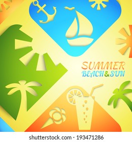 Abstract summer vector illustration. Bright beach and sun concept design. Green, blue, yellow and orange colors. Hot tropical recreation poster. Travel positive rest brochure. Happy dream vacation