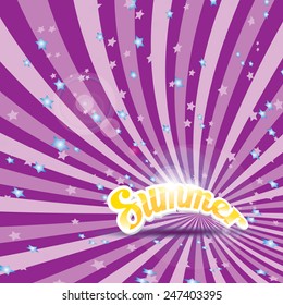 abstract summer vector violet rays background with word "summer". summer grunge shiny illustration.