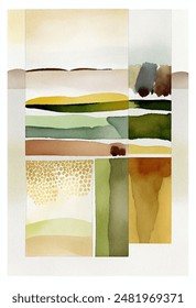 Abstract Summer Watercolor Landscape Vector Illustration. Watercolor art captures the essence of a summer countryside landscape. Lush green fields stretch towards a vibrant blue sky with fluffy white 