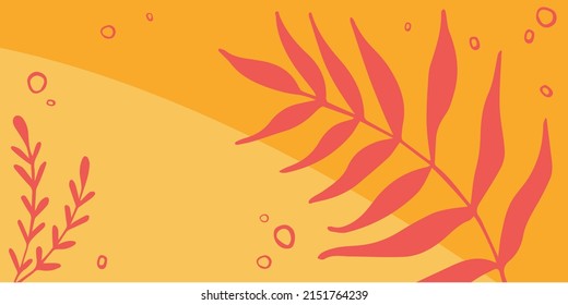 Resumen del fondo amarillo veraniego con follaje. Ilustración de verano plana vectorial. Pancarta de verano brillante. Copiar espacio.