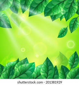 Abstract summertime background with green leaves and bokeh effect.