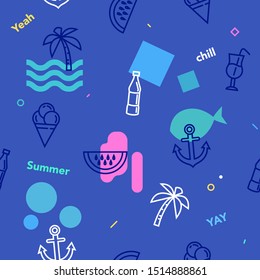 Abstract summertime color seamless pattern. Beach food, sea attributes set on blue background. Sea rest, trip, relax concept. Decorative trendy textile, wallpaper, wrapping paper vector design