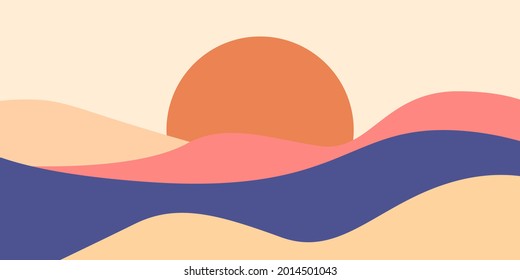 Abstract sun background. Modern boho background, contemporary  trendy landscape and sun. Pastel colors. Minimalist wall poster or banner. Nature wall art decor. Vector illustration