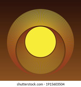 Abstract sun background with 
yellow and orange circles. Halftone radial lines as logo or icon.