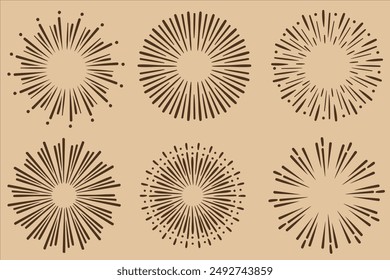 Abstract sun burst collection - hand drawn sunshine lines set. Sunshine and sunburst radial shape, star line burst, vector illustration, Sunburst gold vintage explosion. Handdrawn vector Design.