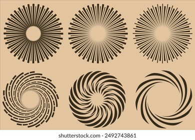 Abstract sun burst collection - hand drawn sunshine lines set. Sunshine and sunburst radial shape, star line burst, vector illustration, Sunburst gold vintage explosion. Handdrawn vector Design.