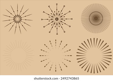 Abstract sun burst collection - hand drawn sunshine lines set. Sunshine and sunburst radial shape, star line burst, vector illustration, Sunburst gold vintage explosion. Handdrawn vector Design.