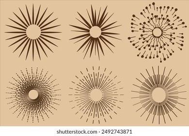 Abstrakte Kollektion mit Sonnenausbruch - handgezeichnete Sonnenscheinlinien. Sonnenschein und Sonnenbrand radiale Form, Sternlinie geplatzt, Vektorillustration, Sonnenbrand Gold Vintage Explosion. Handgezeichnete Vektorgrafik Design.