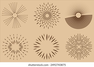 Abstract sun burst collection - hand drawn sunshine lines set. Sunshine and sunburst radial shape, star line burst, vector illustration, Sunburst gold vintage explosion. Handdrawn vector Design.