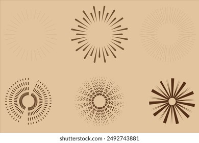 Abstrakte Kollektion mit Sonnenausbruch - handgezeichnete Sonnenscheinlinien. Sonnenschein und Sonnenbrand radiale Form, Sternlinie geplatzt, Vektorillustration, Sonnenbrand Gold Vintage Explosion. Handgezeichnete Vektorgrafik Design.