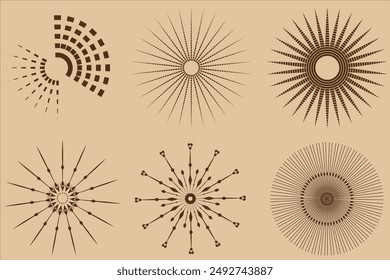 Abstract sun burst collection - hand drawn sunshine lines set. Sunshine and sunburst radial shape, star line burst, vector illustration, Sunburst gold vintage explosion. Handdrawn vector Design.