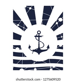 Abstract sun burst vintage banner. Anchor with rope silhouette. Connected lines and dots texture