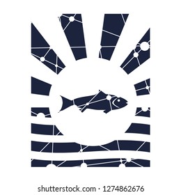 Abstract sun burst vintage emblem. Fish silhouette. Connected lines and dots texture