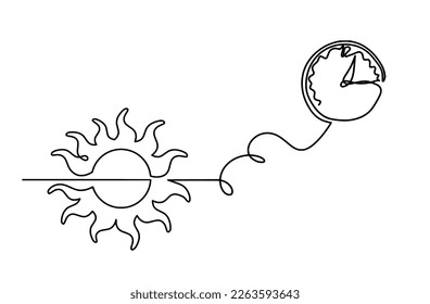 Abstract sun with clock as line drawing on white background