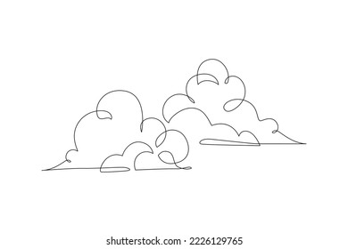 Abstract sun and clouds continuous line art drawing. Cloudy weather concept. The sun behind clouds in the sky in minimalist black linear design isolated on white background. Vector illustration