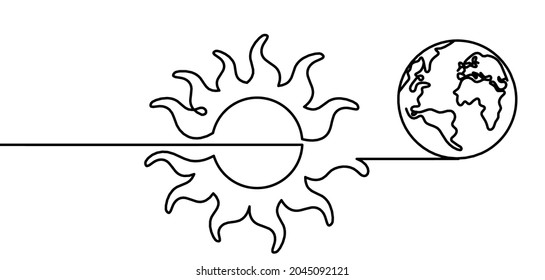 Abstract sun with clouds and globe as line drawing on white background. Vector
