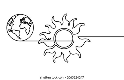 Abstrakte Sonne mit Wolken und Globus als Linienzeichnung auf weißem Hintergrund. Vektorgrafik