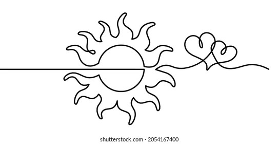 Abstract sun with clouds and heart as line drawing on white background. Vector