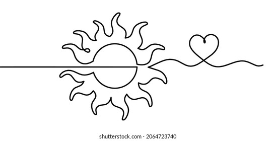 Sol abstracto con nubes y corazón como dibujo en fondo blanco. Vector