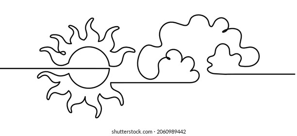 Abstract sun with clouds as line drawing on white background. Vector