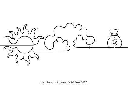 Abstract sun with dollar as line drawing on white background. Vector