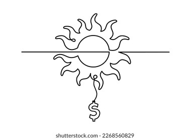 Abstract sun with dollar as line drawing on white background. Vector