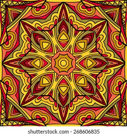 Abstract sun ethnic repeatable ornament. Seamless tribal geometric pattern. Abstract symmetric background. Stained glass style. Stylized Indian square motif. Vector file is EPS8.