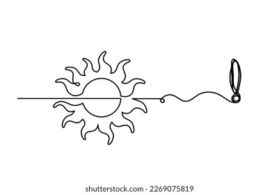 Abstract sun with exclamation mark as line drawing on white background. Vector